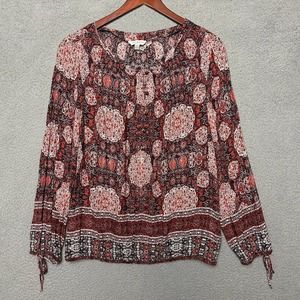 Lucky Brand Shirt Women Large Red Paisley Blouse Long Slv Boho Western Cottage